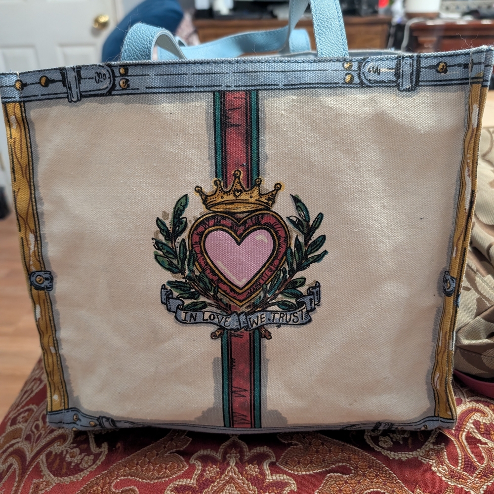 Canvas Tote Bag with Heart and Crown Design